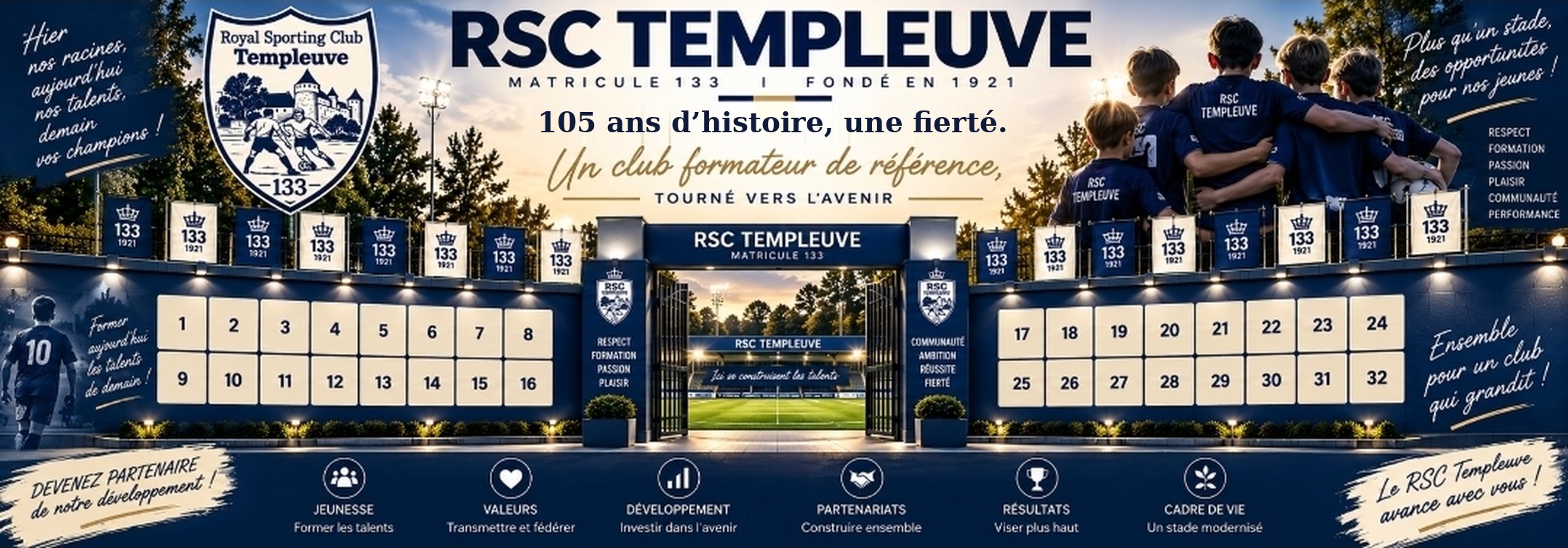 La future façade du club : 32 emplacements numérotés de part et d'autre de l'entrée, sous les drapeaux 133 · 1921. 105 ans d'histoire, une fierté.
