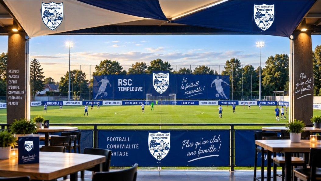 Vue depuis la terrasse couverte sur le terrain, avec les banderoles du club